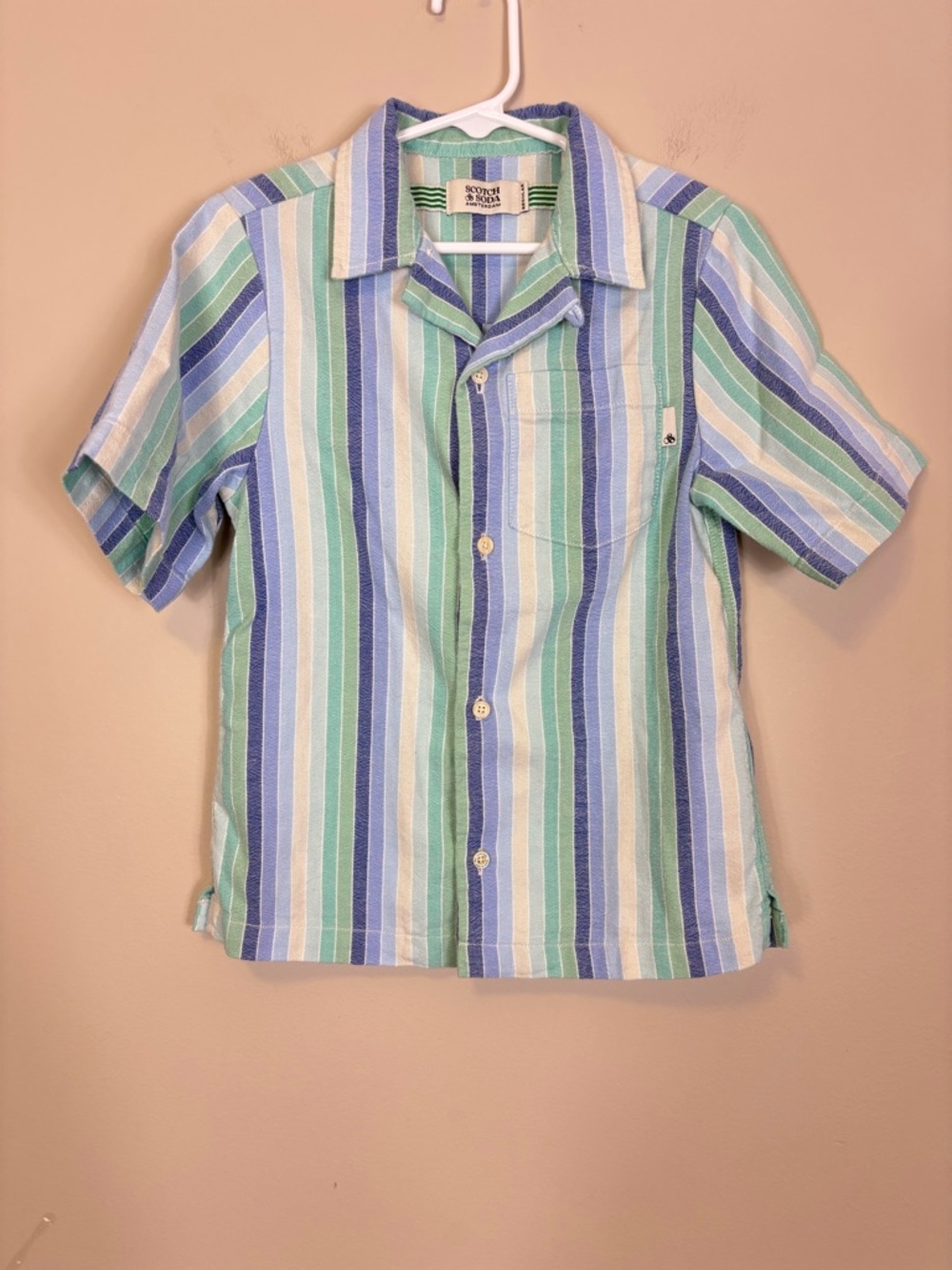 Scotch & Soda Striped Short Sleeve Button-Up Shirt in Mint, Light Blue & White 6